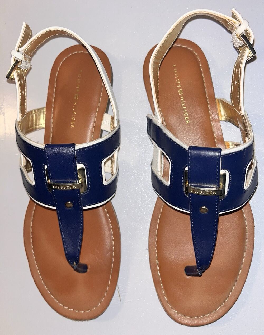 Tommy Hilfiger Preppy Polished Blue white gold flat slingback sandals